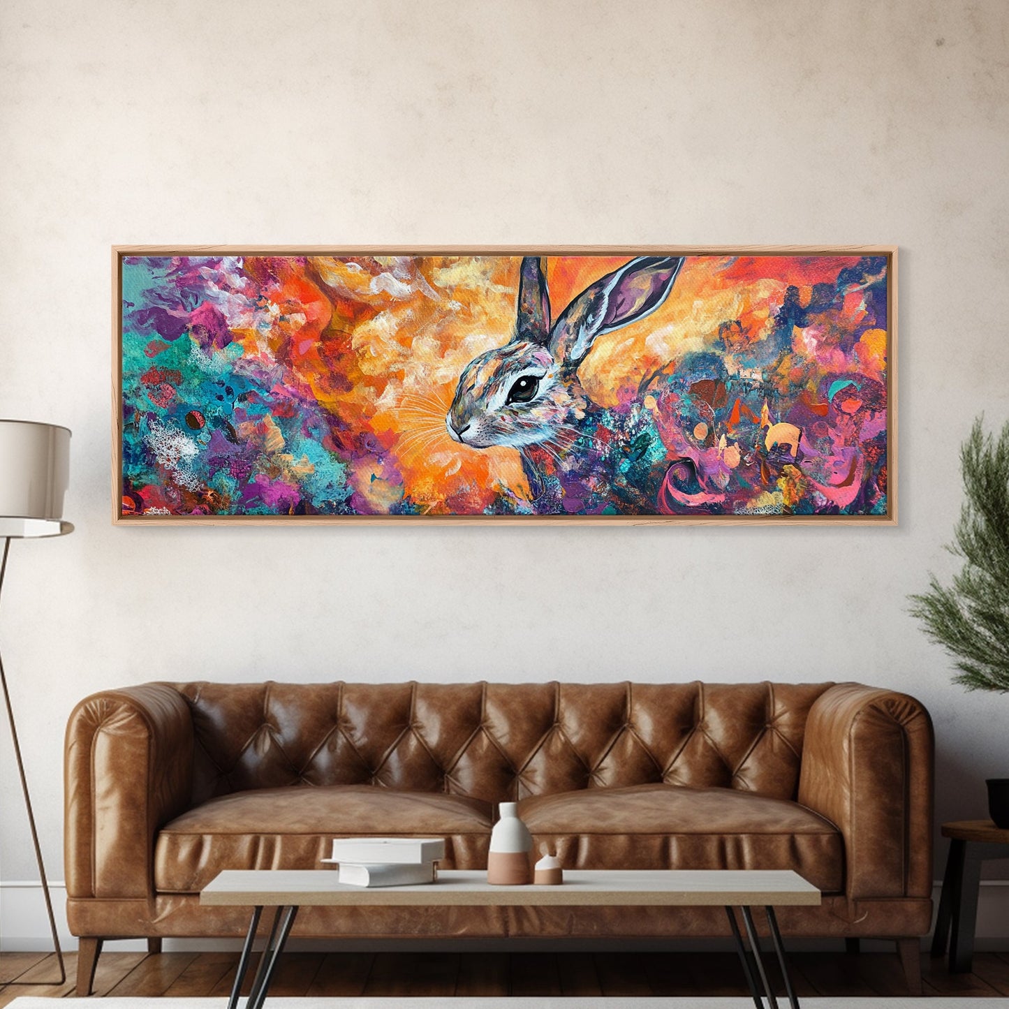 Colorful Abstract Rabbit Canvas Print, Vibrant Animal Wall Art, Boho Bunny Painting, Nature Wildlife Art, Playful Bedroom Decor