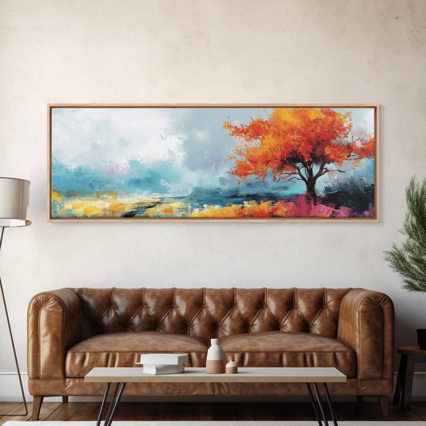 Autumn Tree Breeze Framed Canvas Print Vibrant Fall Foliage Painting Impressionist Seasonal Wall Art Warm Colors Living Room Decor