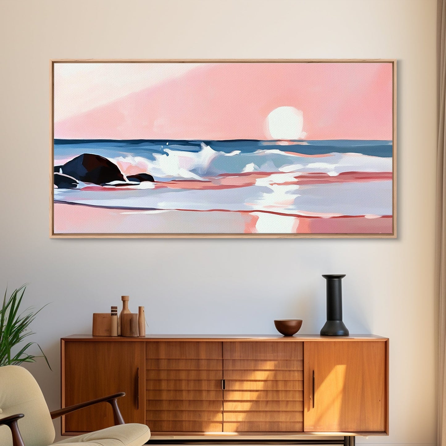 Sunset Beach, Ocean Waves, Framed Canvas Print, Coastal Wall Art, Pink Sky Painting, Living Room Decor, Tropical Seascape