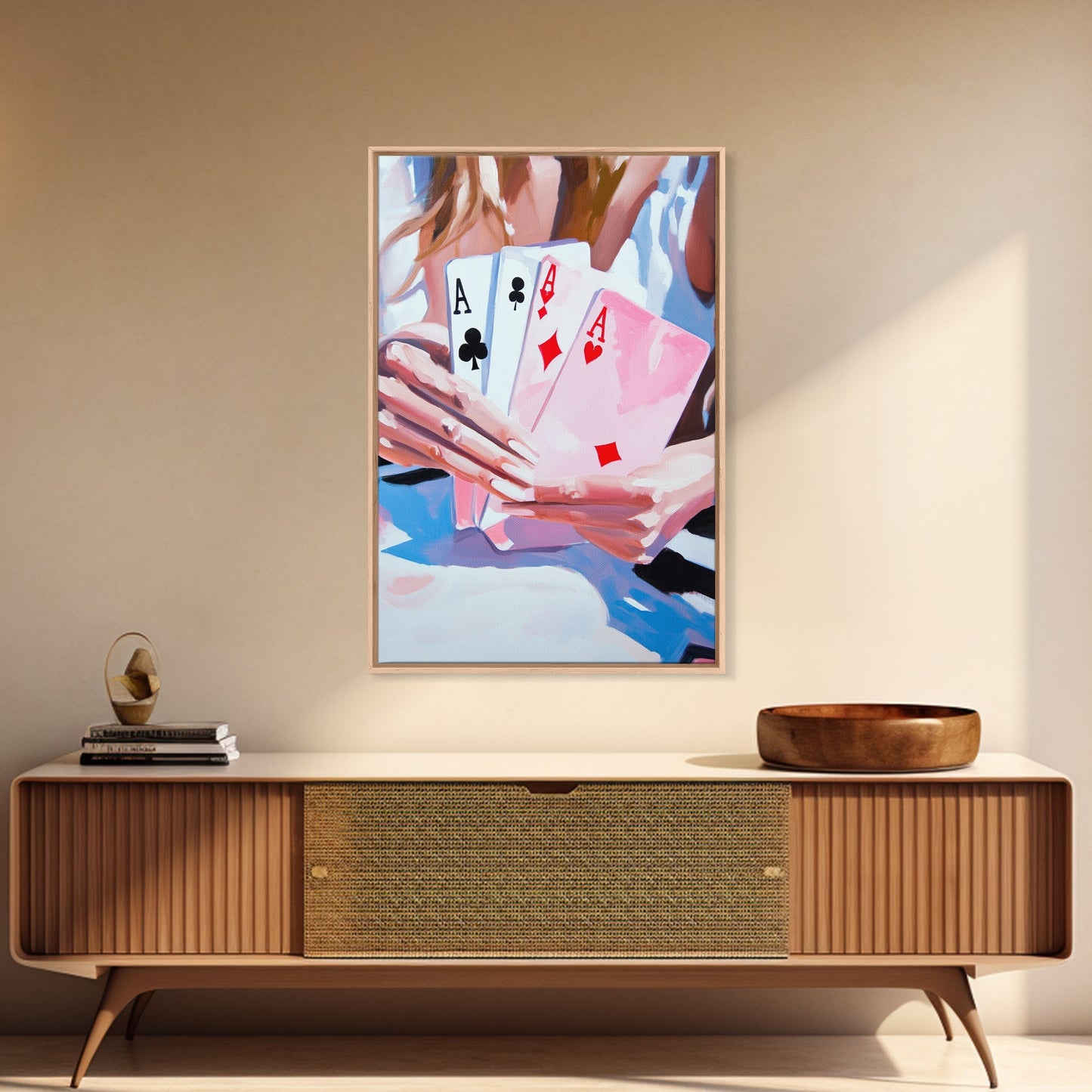 Poker Hand, Woman Holding Cards, Gambling Art, Casino Wall Art, Luxury Decor, Contemporary Art, Framed Canvas Print, Game Room