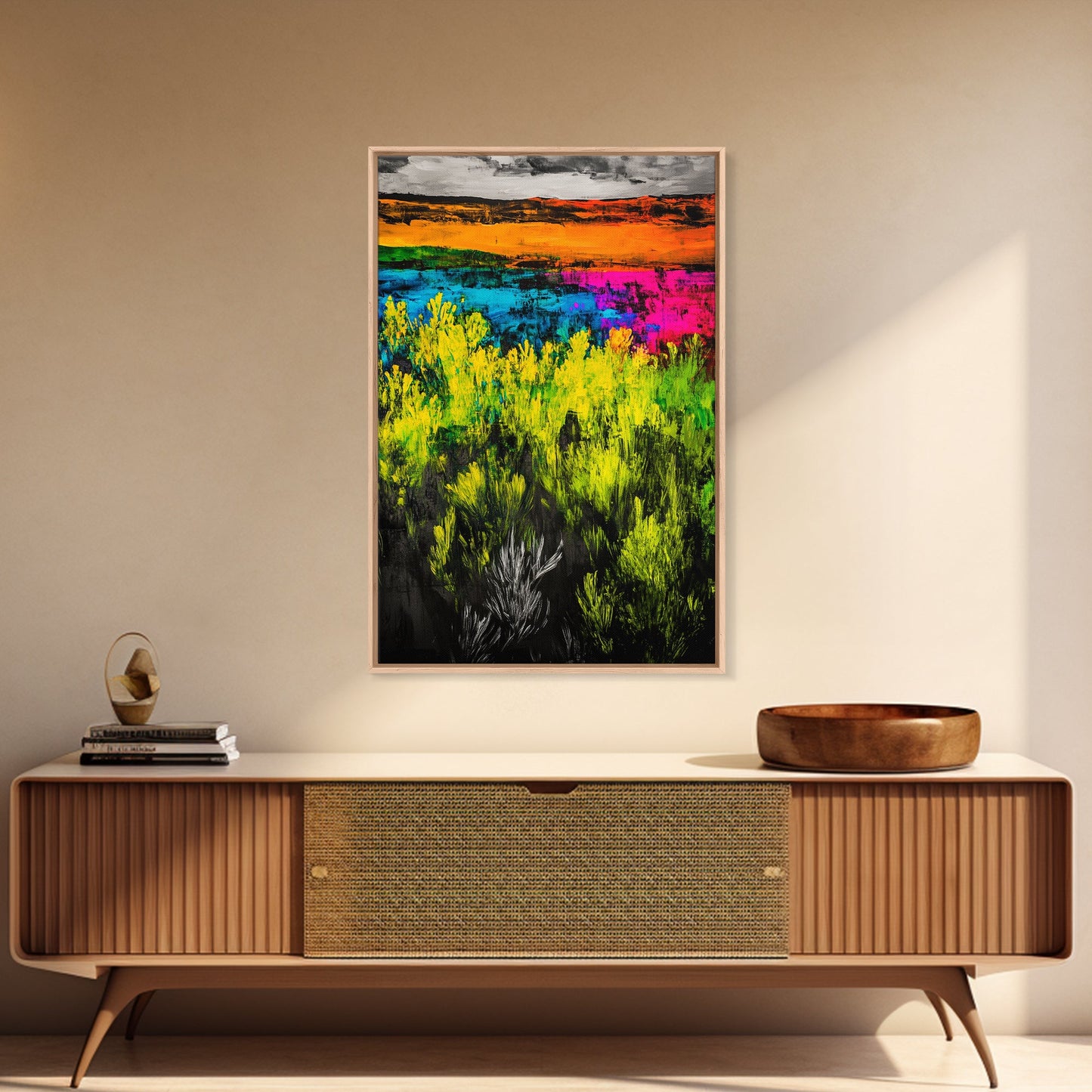 Colorful Prairie, Abstract Fields, Bright Wildflowers, Framed Canvas Print, Vibrant Wall Art, Boho Home Decor, Living Room Statement
