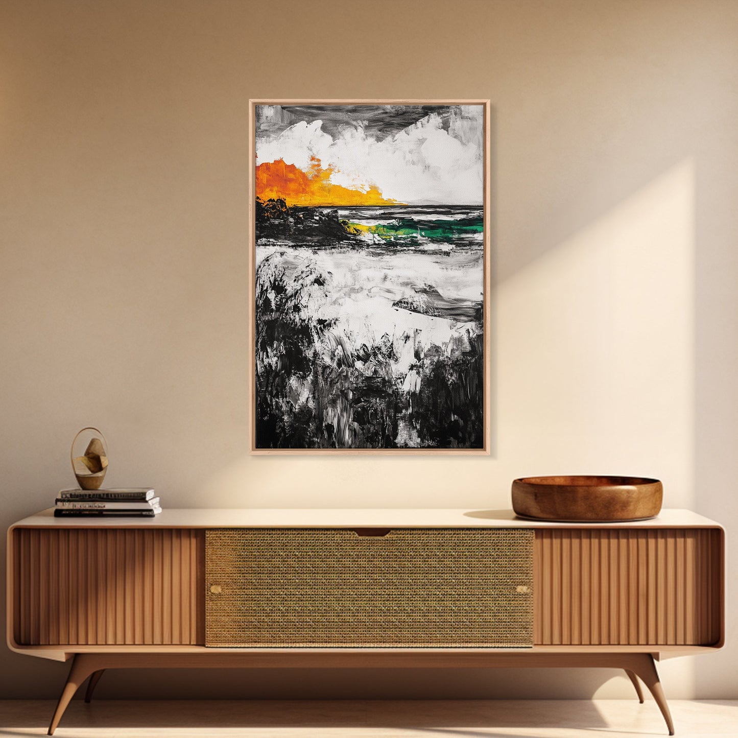 Sunset Waves, Coastal Painting, Ocean Sunset, Abstract Landscape, Framed Canvas Print, Nautical Art, Living Room Wall Art, Bold Color Art