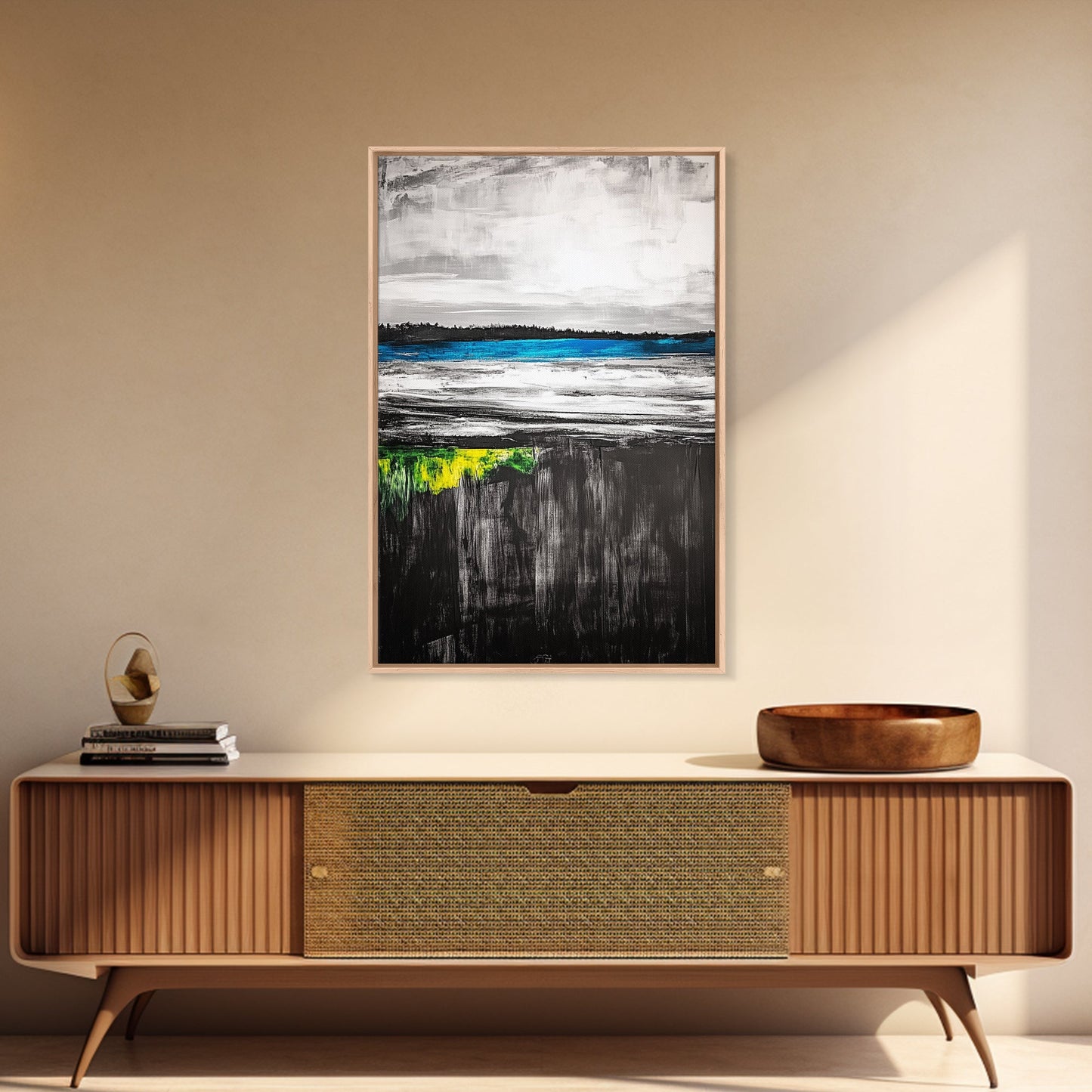 Tranquil Lake View, Blue Water Abstract Landscape, Moody Black White Sky, Serene Nature Wall Decor, Relaxing Home Gift, Canvas Print