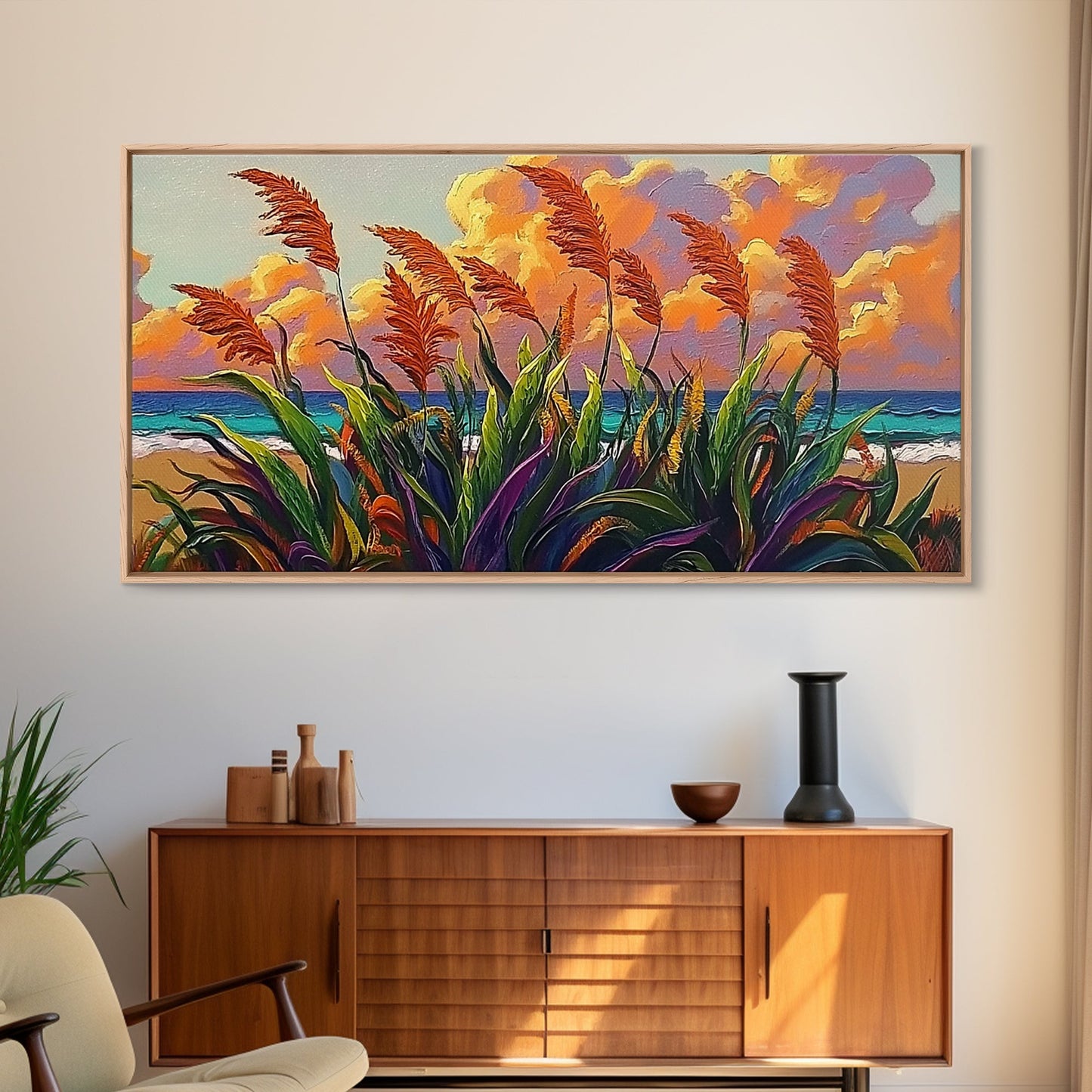 Coastal Sunset, Grasses, Canvas Print, Autumn Beach Landscape Art, Boho Living Room Wall Decor, Colorful Nature Painting