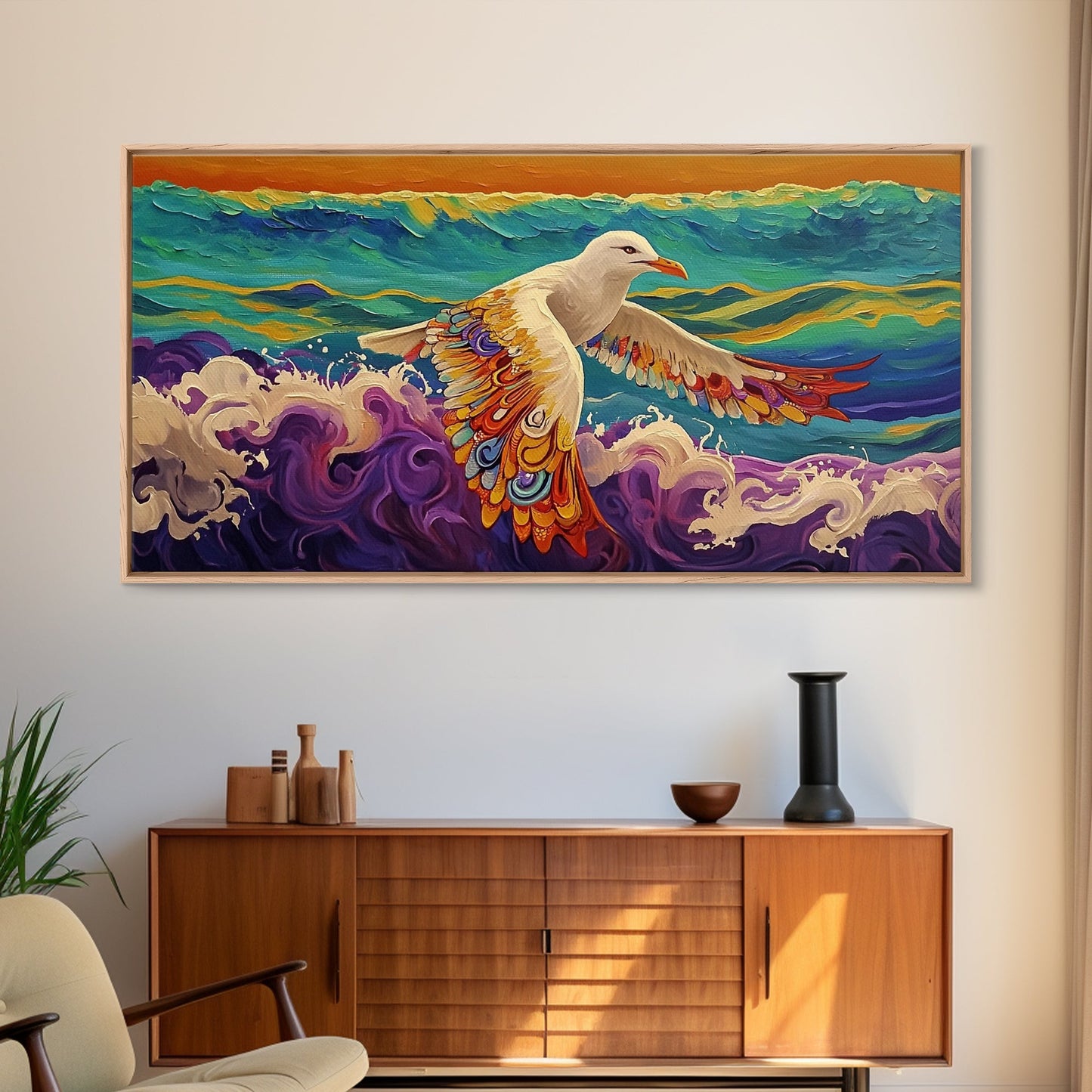 Seagull Ocean, Wings, Framed Canvas Print, Whimsical Bird Wall Art, Nautical Coastal Decor, Colorful Beach Painting, Boho Wall Art