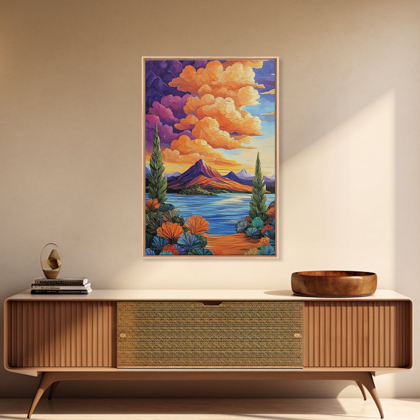 Mountain Lake, Cloudscape, Reflection, Framed Canvas Print, Bold sunset wall art, vibrant color landscape, Cabin or Living Room Wall Art