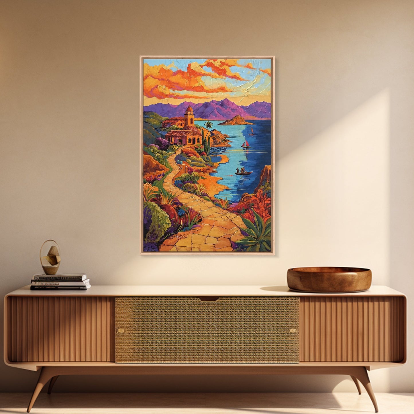 Coastal Village, Pathway, Sunset, Framed Canvas Print, Mediterranean coastal art, colorful landscape painting, boho living room wall decor