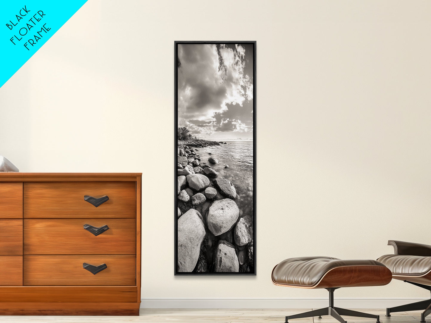 Sunrise Shore, Tranquil Coast, Pebble Beach, Golden Glow, Framed Canvas Print Fall Wall Art, Landscape Living Room Decor, Minimalist Aesthetic