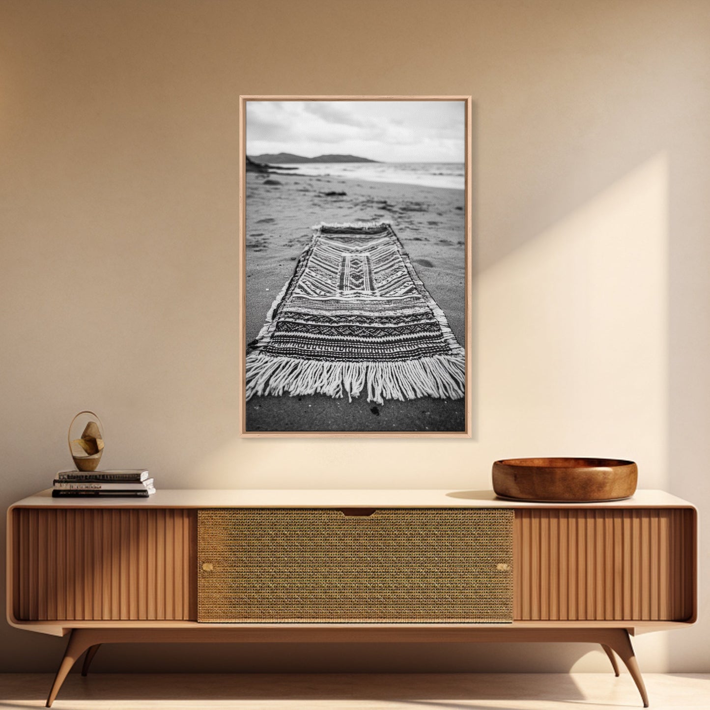 Woven Rug Beach, Bohemian Escape, Textile Texture, Black and White Canvas Print, Boho Bedroom or Yoga Studio Wall Decor