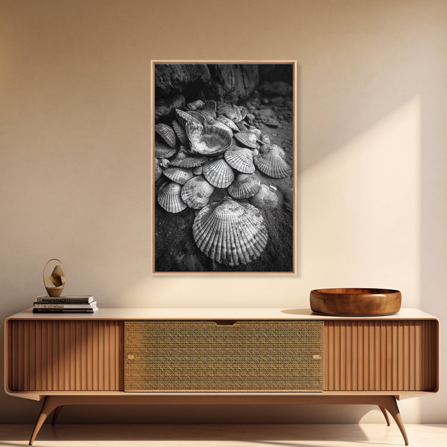 Seashell Pile, Textured Beach, Coastal Treasures, Natural Beauty Framed Canvas Print, bathroom decor, shell art, beach wall style