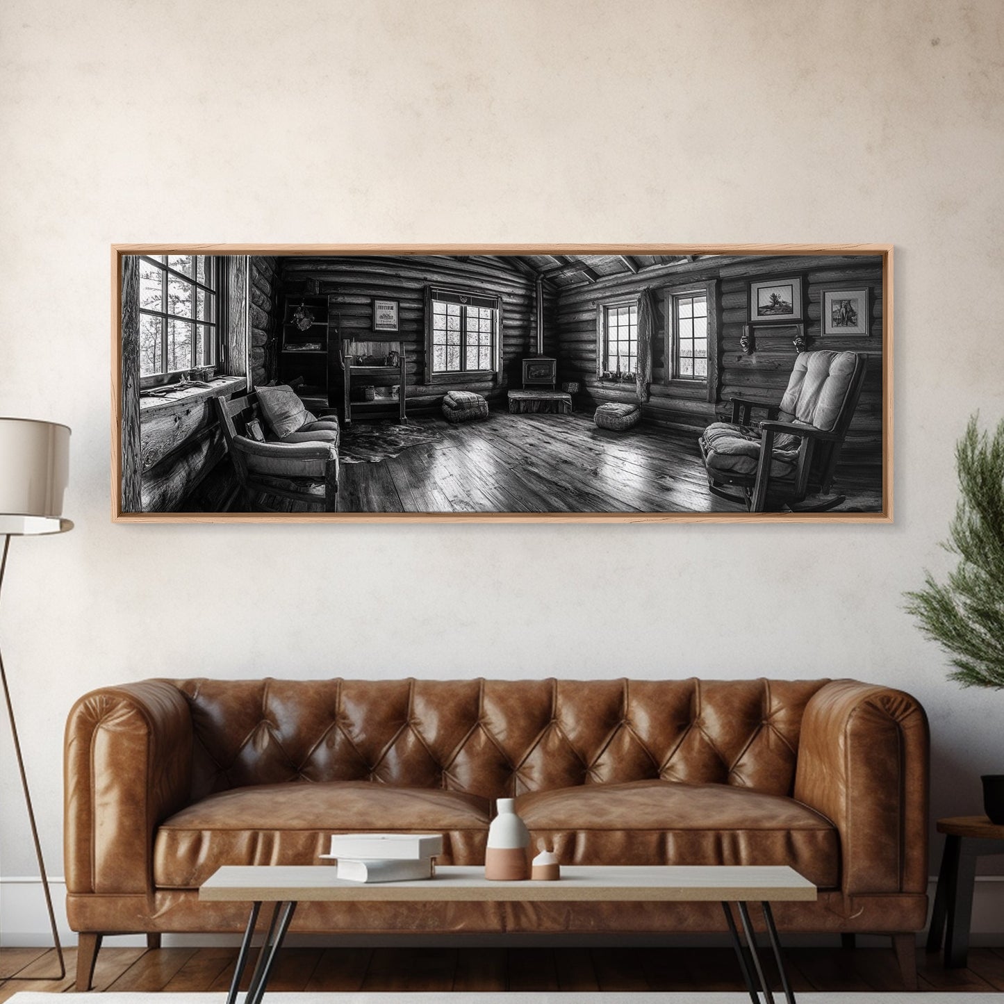 Rustic Cabin, Cozy Interior, Nature Retreat, Framed Canvas Print, Living Room Wall Art, Black and White Photography, Lodge Decor