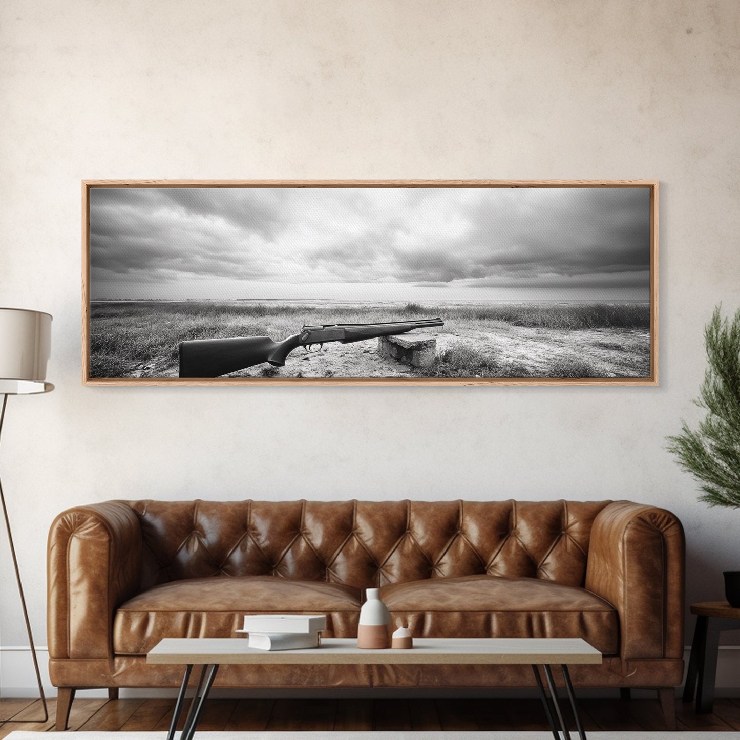 Coastal Rifle Scene, Outdoorsman Decor, Field and Sky Black and White Framed Canvas Print, Autumn Cabin or Lodge Wall Art