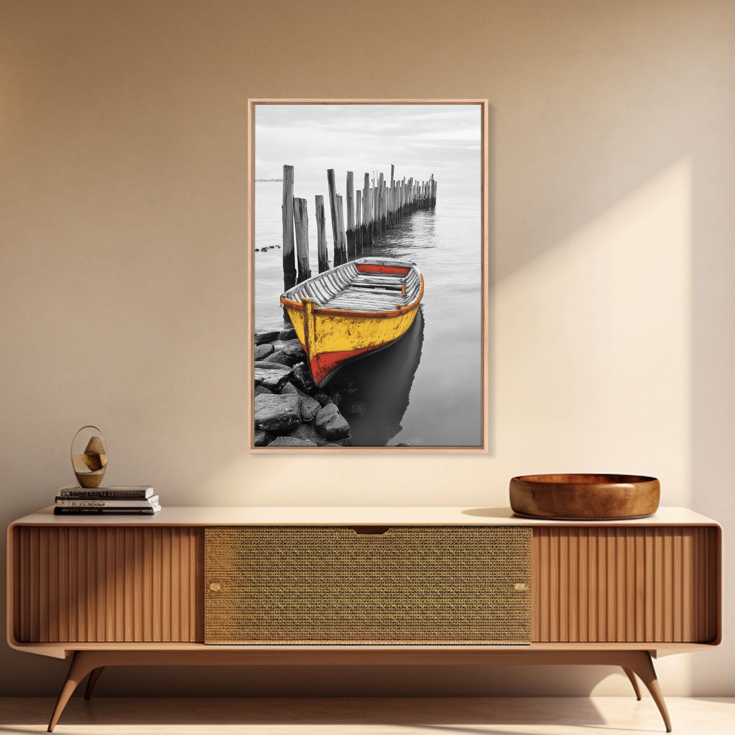 Yellow Rowboat, Coastal Mood, Pier View, Nautical Nostalgia, Framed Canvas Print, Beach House Wall Art, Rustic Seaside Decor