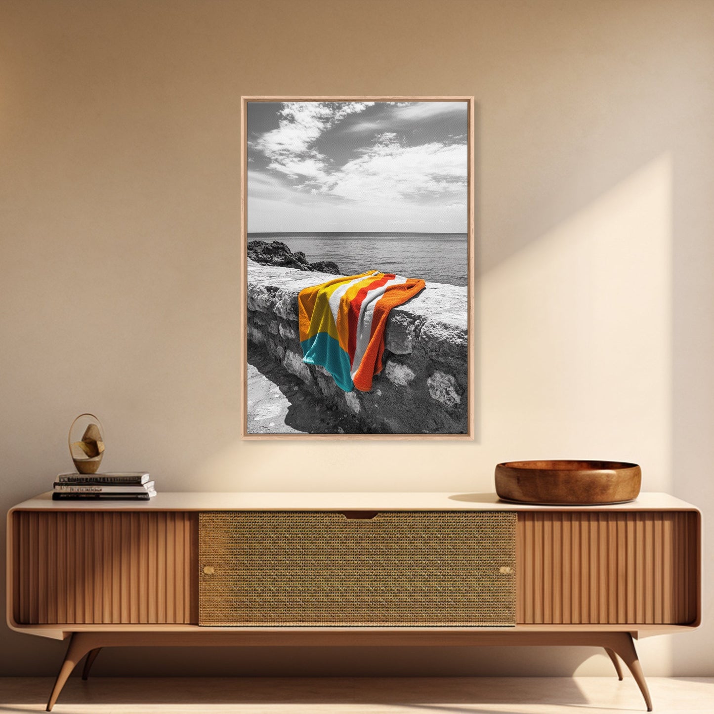 Colorful Towel, Coastal Vibes, Seaside Style, Bold Decor, Framed Canvas Print vibrant beach towel photo, bathroom wall art, summer art