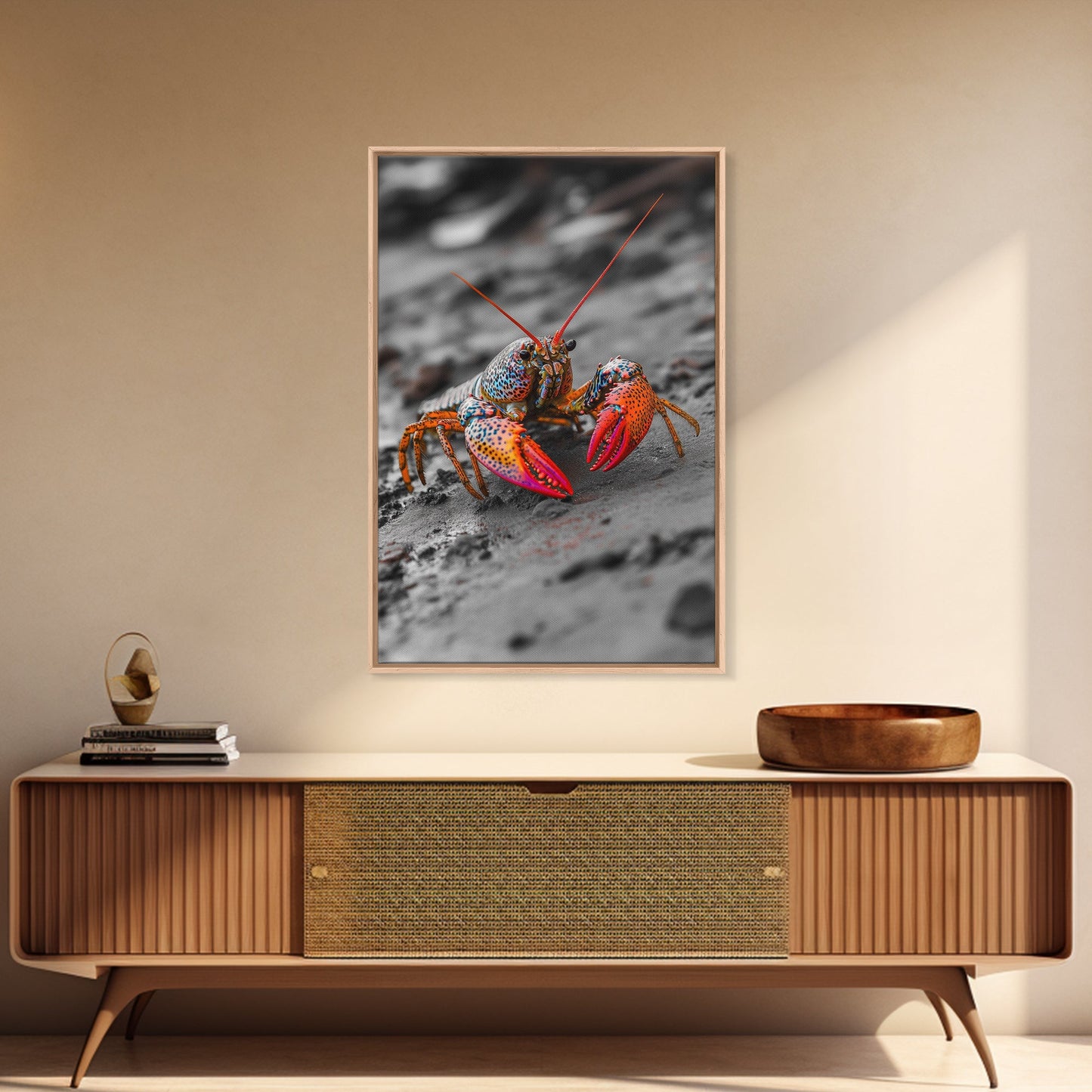 Colorful Lobster, Beach Wildlife, Close-Up Macro Art, Framed Canvas Print, Kitchen Wall Art, Coastal Marine Decor, Vibrant Style
