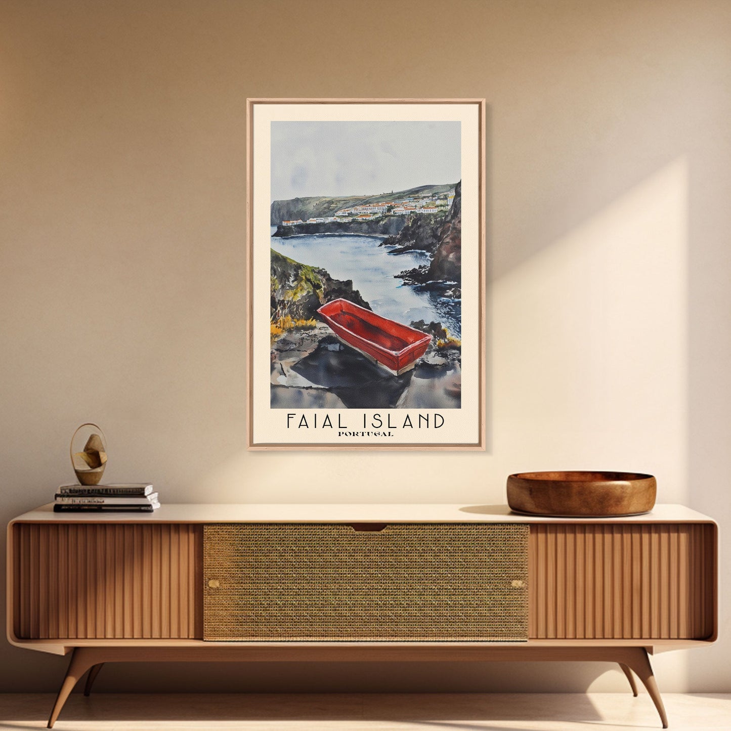 Faial Island, Portugal Watercolor Beach Print, Vacation Gift, Portugal Wall Art, Framed Canvas Print, Framed Beach Painting