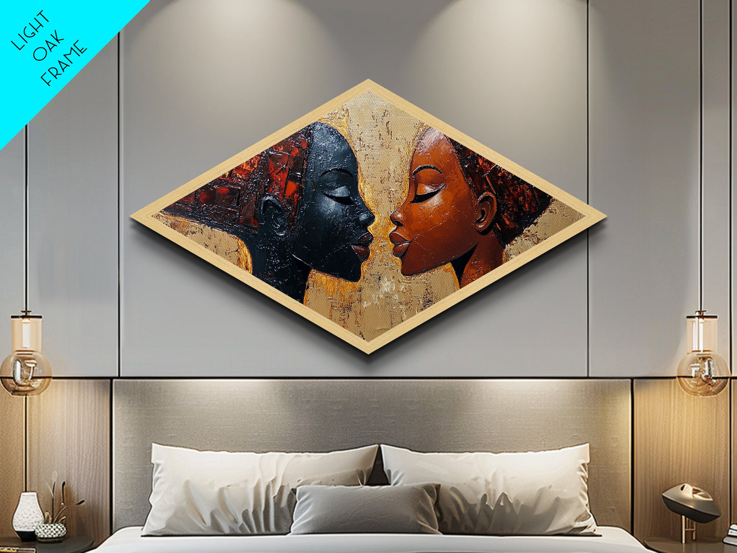 Radiant Unity - Diamond Shaped Canvas Embossed Print Modern Afrocentric Art Bedroom Wall Decor Couple Gift Bold Abstract Expression