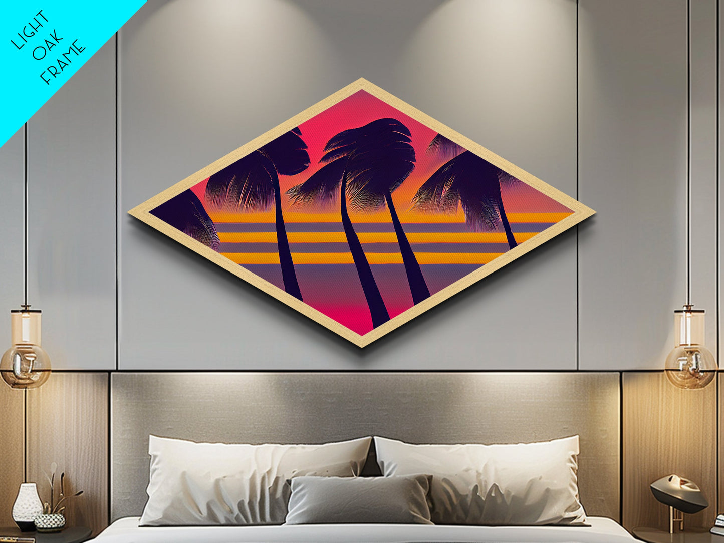 MCM Palm Trees Framed Canvas Art Print - Diamond Shaped Art - Retro Synthwave Home Decor