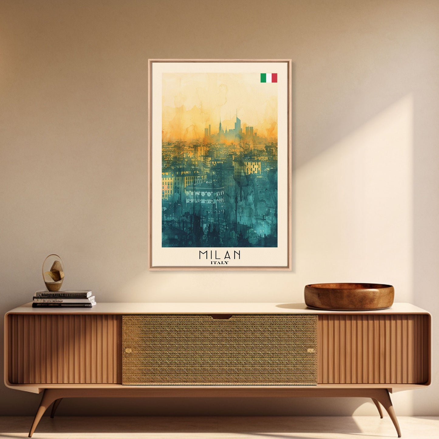 Milan Italy Travel Poster Framed Canvas Print, Iconic Landmarks, Urban Art, Wall Hanging, Home Decor, Travel Print, Artistic Gift