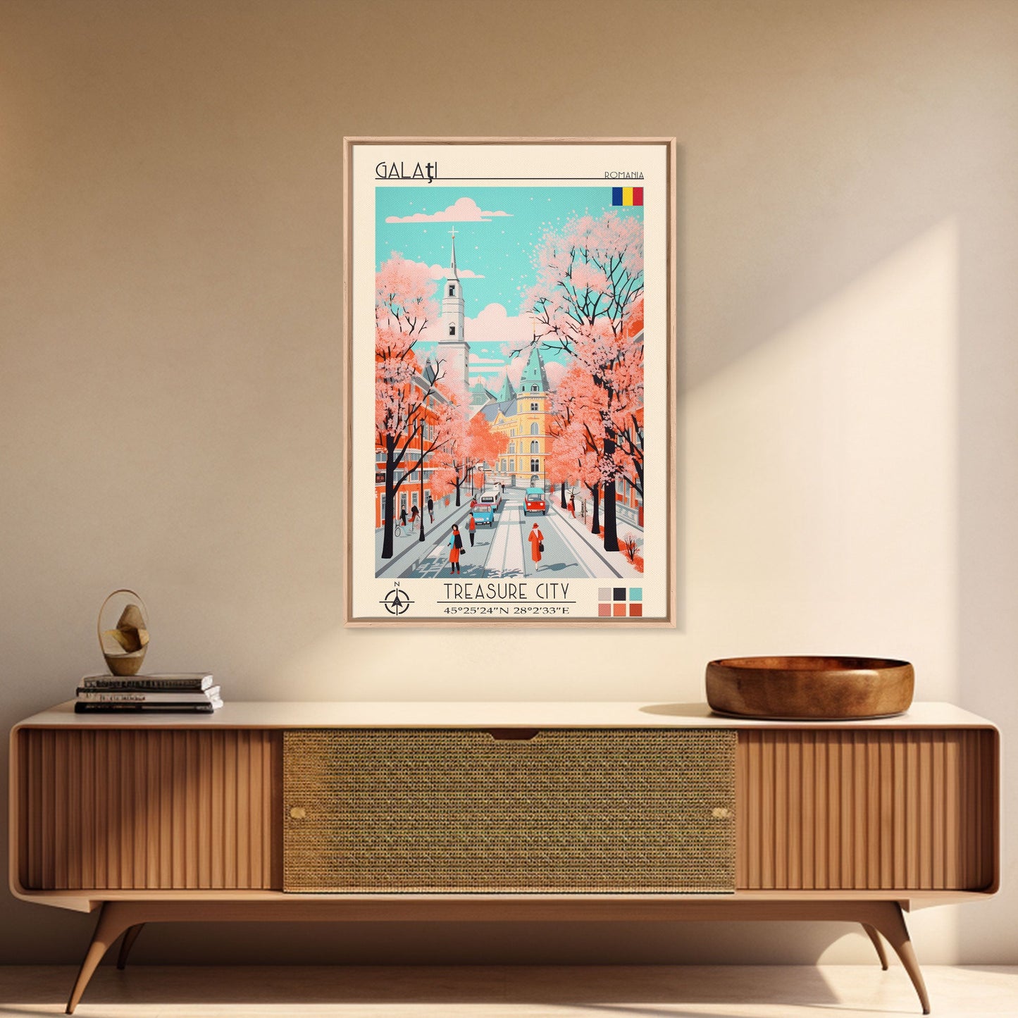 Galați Romania Travel Poster Framed Canvas Print, Midcentury Modern Art, Pop Art Wall Decor, Scenic Wall Art, Bedroom Decoration, Office Art