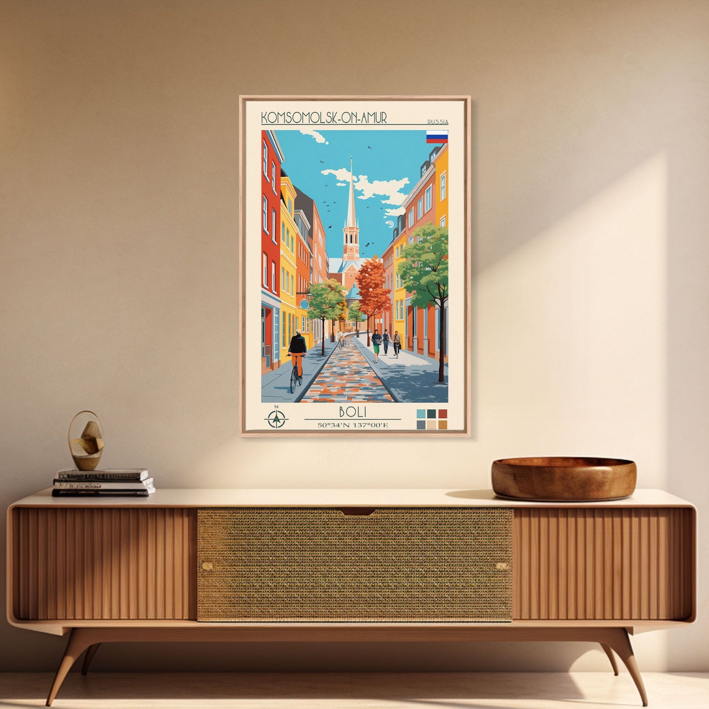 Komsomolsk on Amur Russia Travel Poster Framed Canvas Print, Midcentury Modern Art, Pop Art Wall Decor, Scenic Wall Art, Living Room Decoration, Office Art