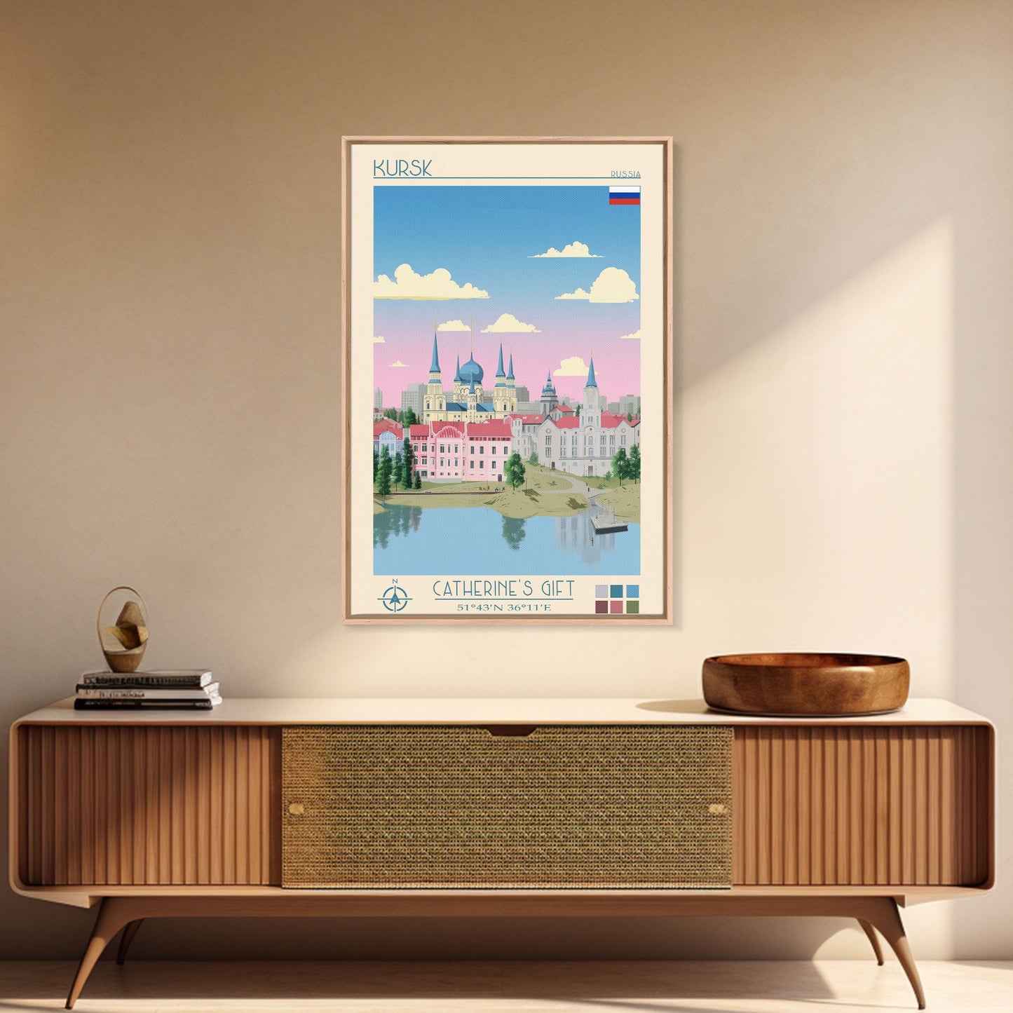 Kursk Russia Travel Poster Framed Canvas Print, Midcentury Modern Art, Pop Art Wall Decor, Scenic Bedroom Art, Office Decoration