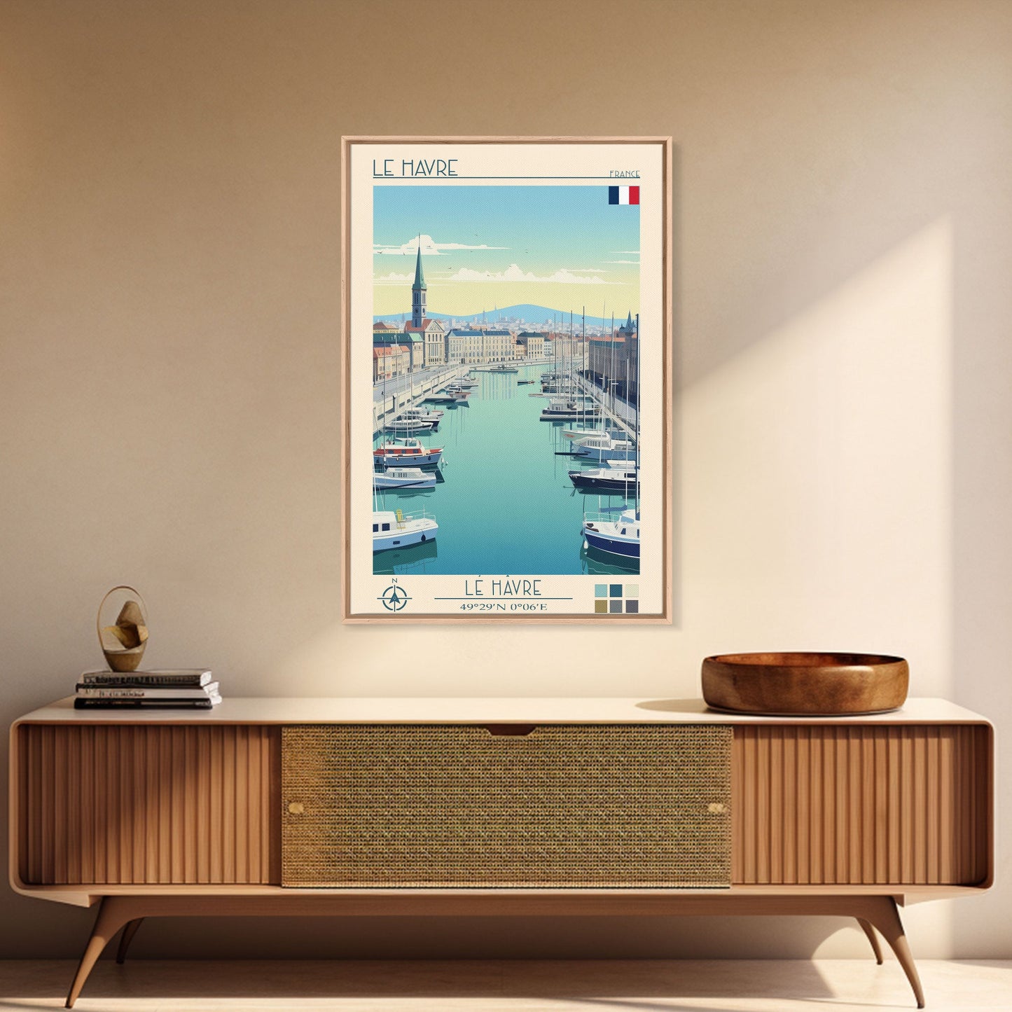 Le Havre France Travel Poster Framed Canvas Print, Midcentury Modern Art, Pop Art Wall Decor, Scenic Bedroom Art, Office Decoration