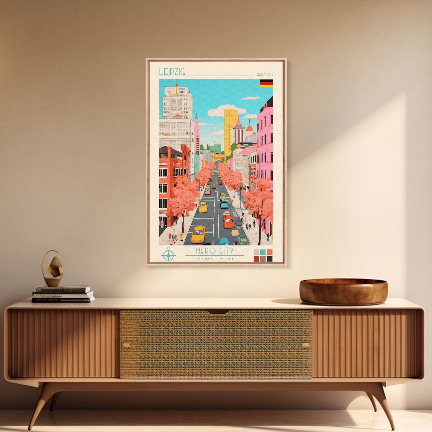 Leipzig Germany Travel Poster Framed Canvas Print, Midcentury Modern Art, Pop Art Wall Decor, Scenic Living Room Art, Bedroom Gift