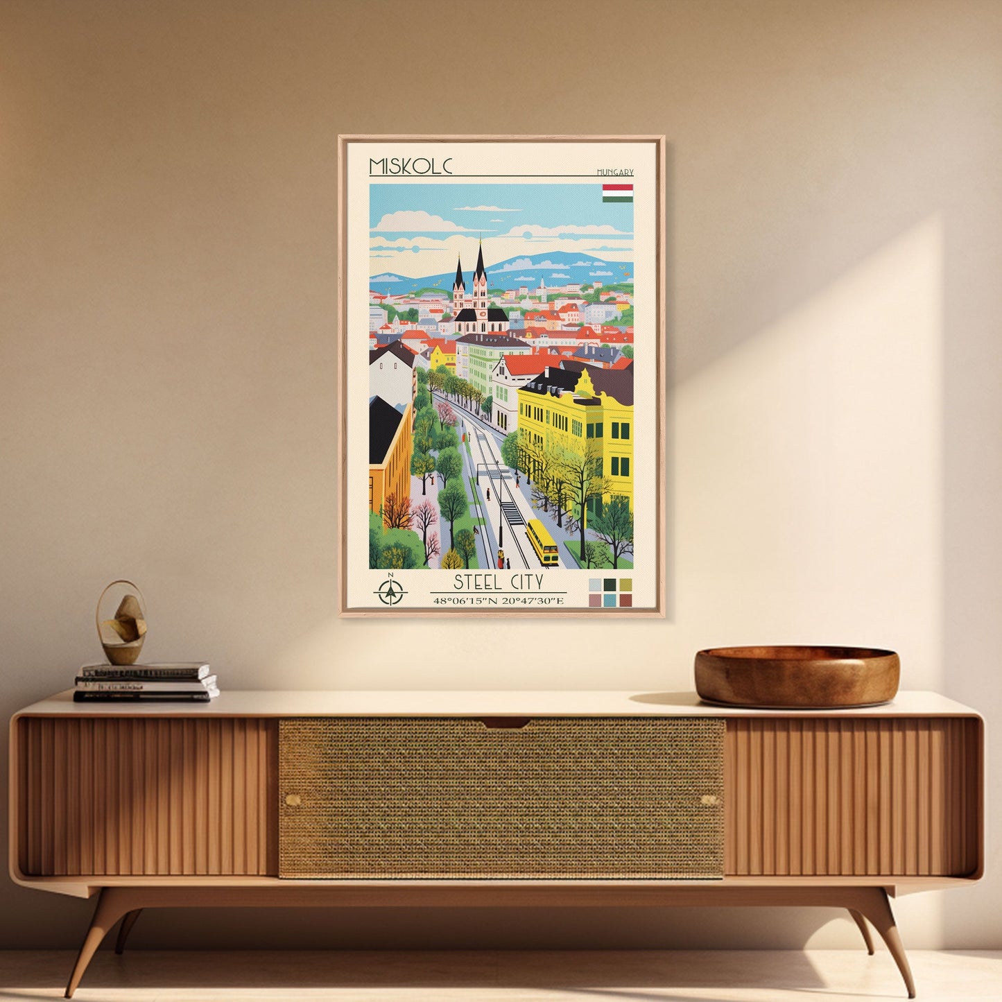 Miskolc Hungary Travel Poster Framed Canvas Print, Midcentury Modern Art, Pop Art Wall Decor, Scenic Living Room Art, Bedroom Decor
