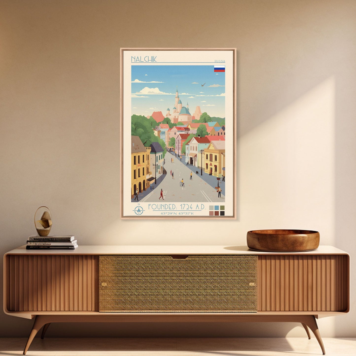 Nalchik Russia Travel Poster Framed Canvas Print, Midcentury Modern Art, Pop Art Wall Decor, Home Decor, Vacation Gift, Bedroom Art