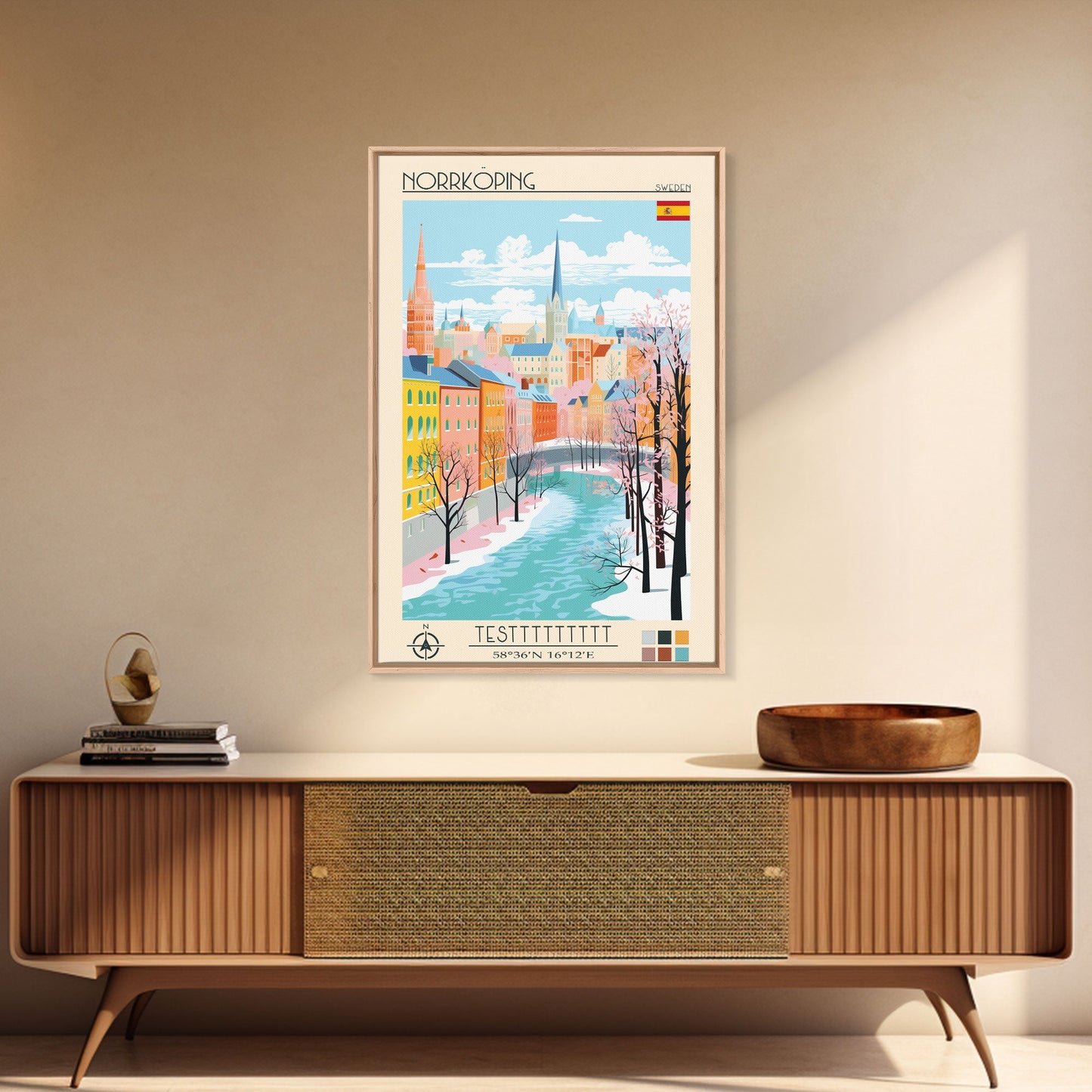 Norrköping Sweden Travel Poster Framed Canvas Print, Midcentury Modern Art, Pop Art Wall Decor, Home Decor, Vacation Gift, Office Art