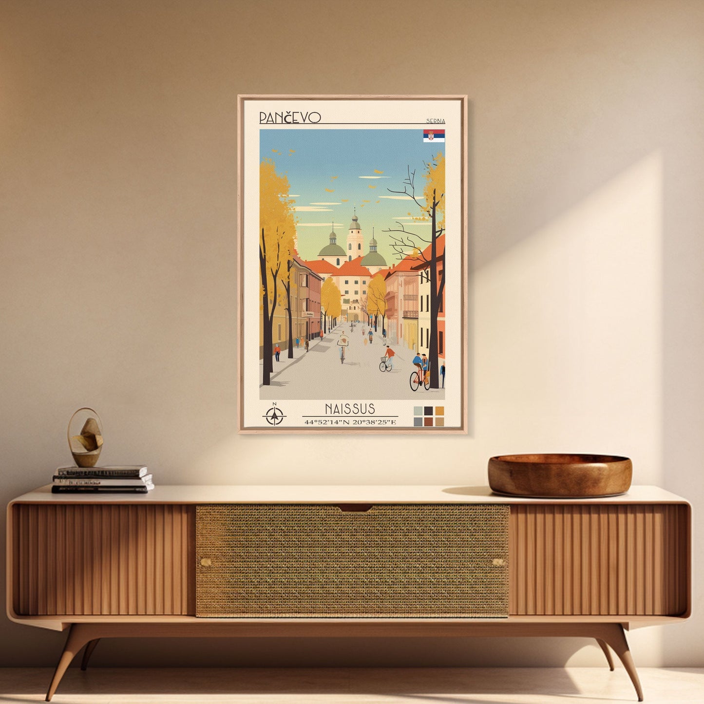 Pančevo Serbia Travel Poster Framed Canvas Print, Midcentury Modern Art, Pop Art Wall Decor, Scenic Wall Art, Living Room Decoration, Office Art