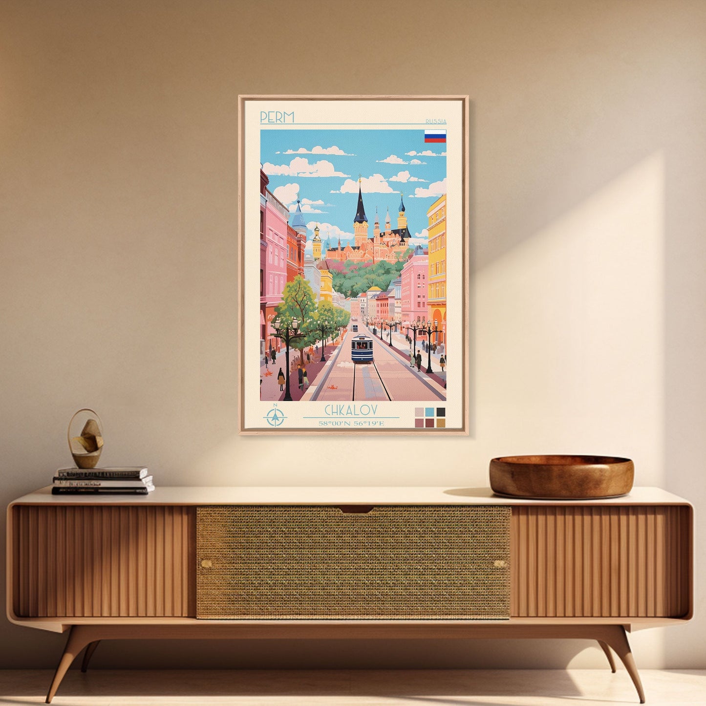 Perm Russia Travel Poster Framed Canvas Print, Midcentury Modern Art, Pop Art Wall Decor, Scenic Living Room Art, Bedroom Decor