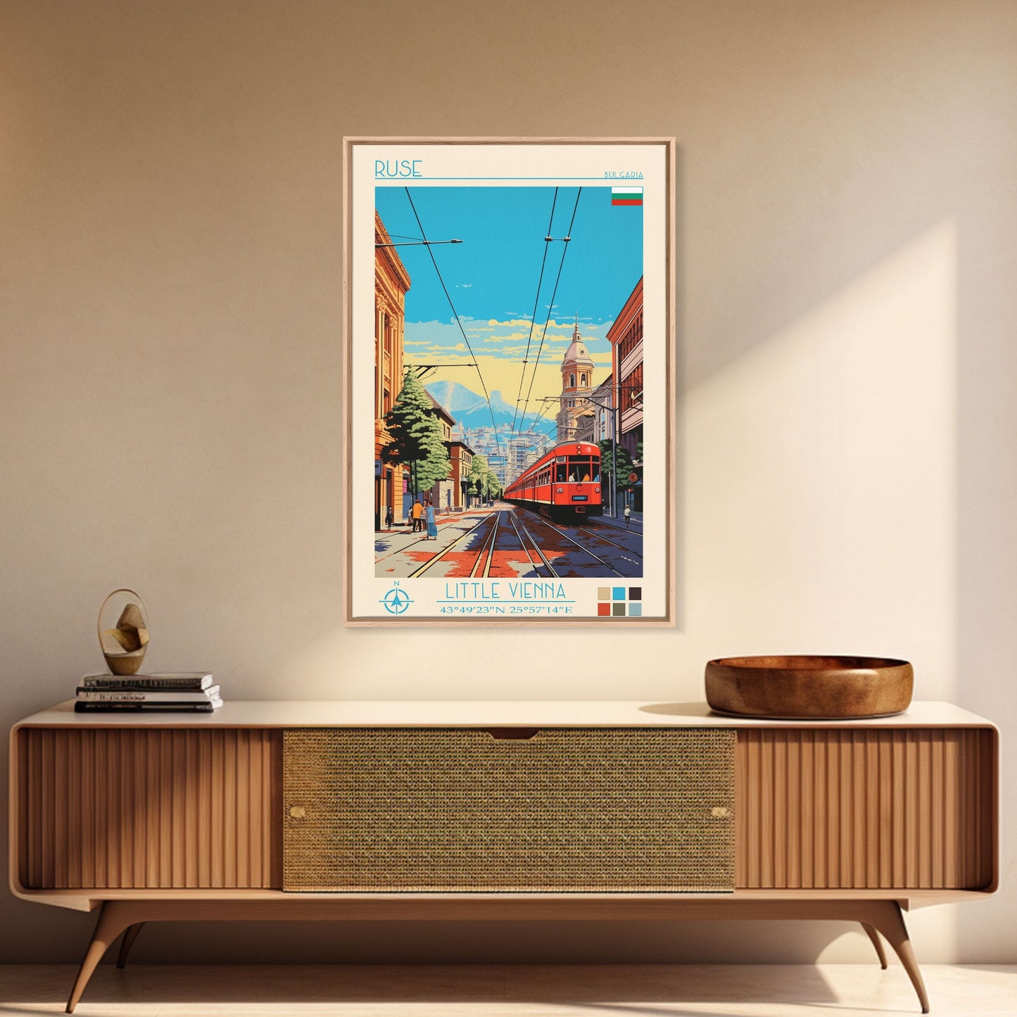 Ruse Bulgaria Travel Poster Framed Canvas Print, Midcentury Modern Art, Pop Art Wall Decor, Scenic Wall Art, Living Room Decoration, Office Gift