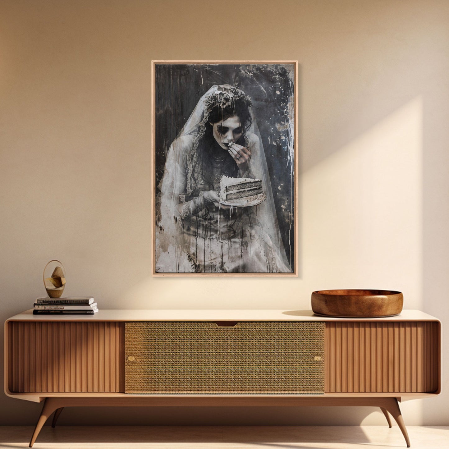 Melancholic Ghost Bride Having A Slice of Birthday Cake, Framed Canvas Print, Halloween Decor