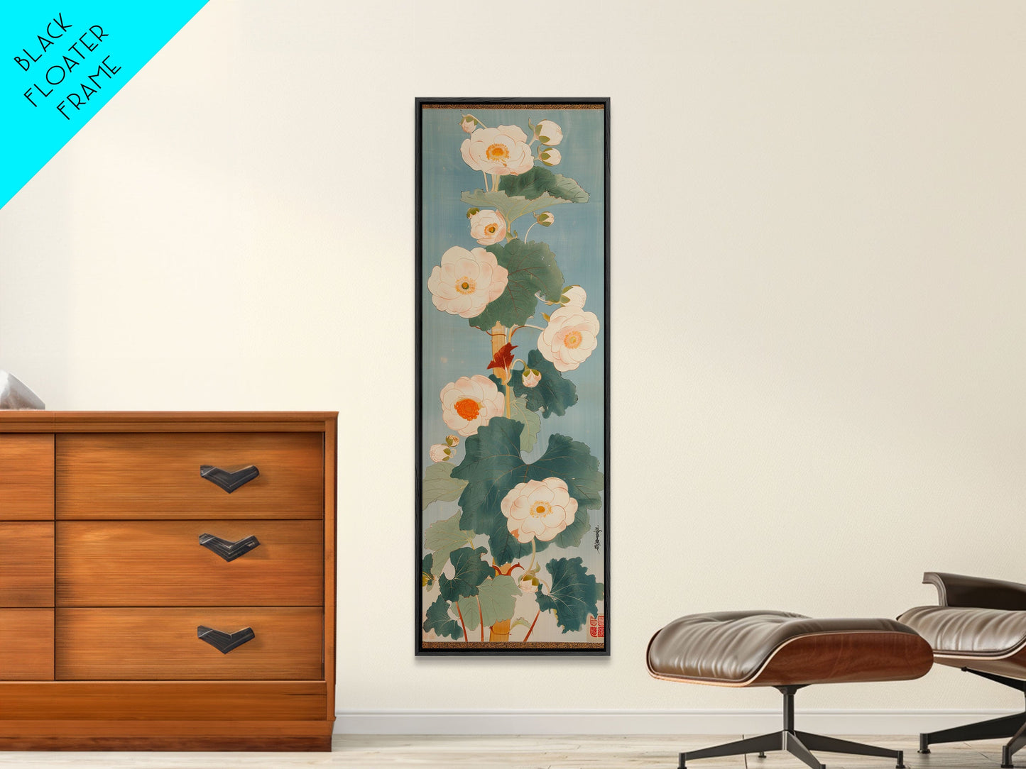 Tall White Blooms with Large Leaves on Blue Background, Framed Canvas Print in Japanese Art Style