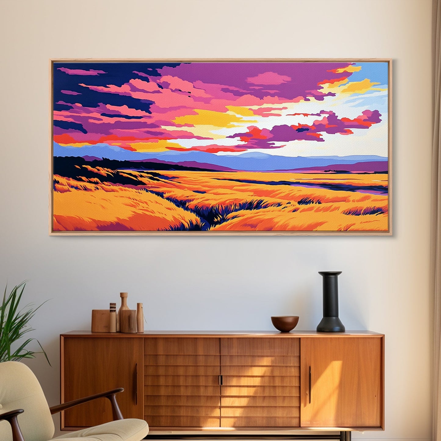 Golden Meadow, landscape painting, farmhouse art, moody art, above bed wall art, wabi sabi art, extra wide art, framed canvas print