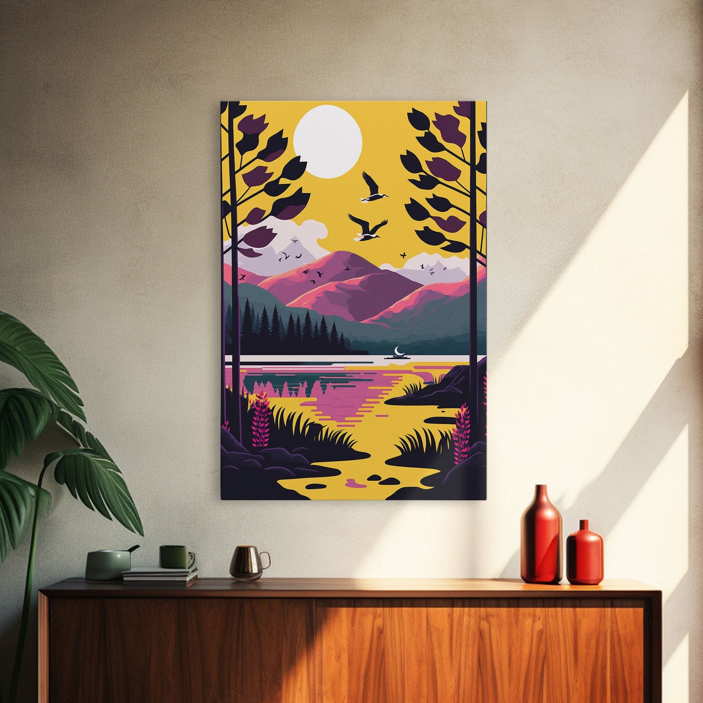 Colorful Pop Art Picture of a Mountain and Forest Landscape, Framed Canvas Print, Surrealist High Contrast Cel Shaded Landscape Art