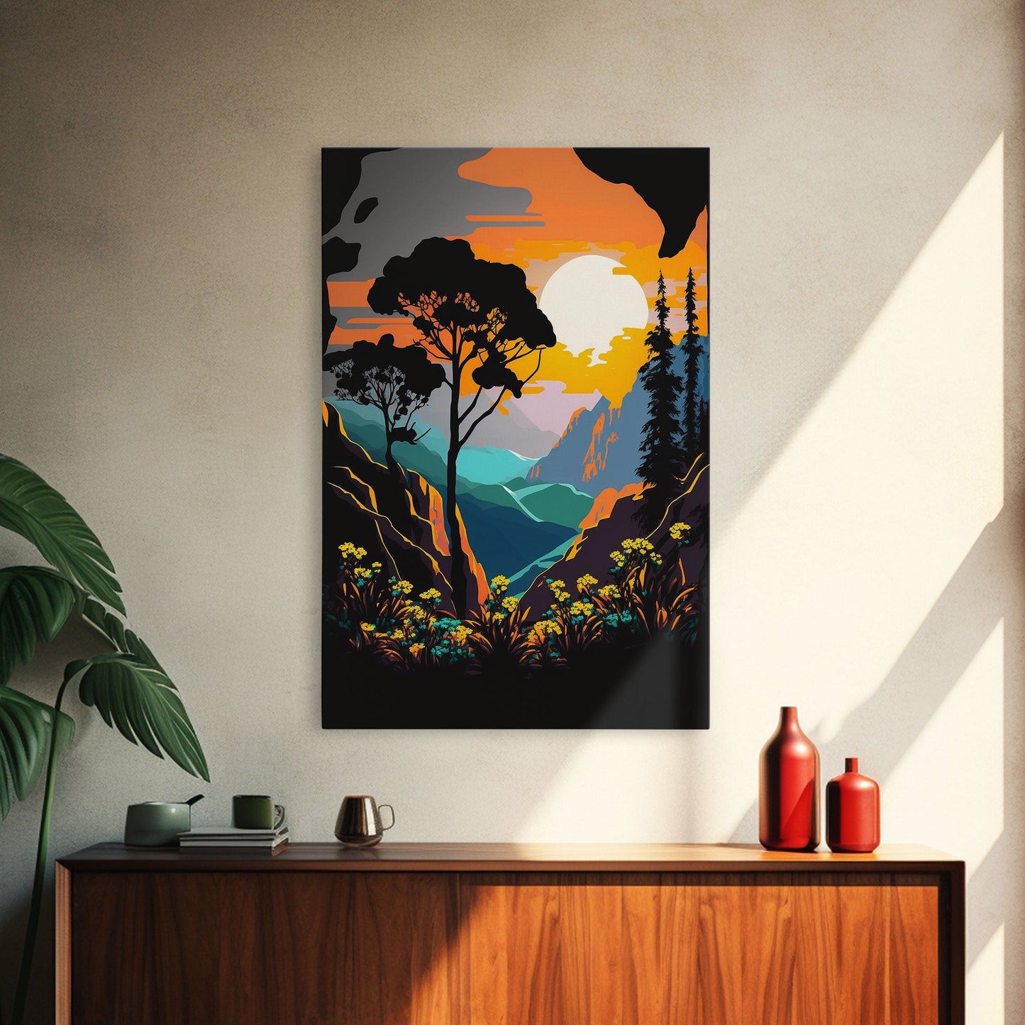 Colorful Pop Art Picture of a Mountain and Forest Landscape, Framed Canvas Print, Surrealist High Contrast Cel Shaded Landscape Art