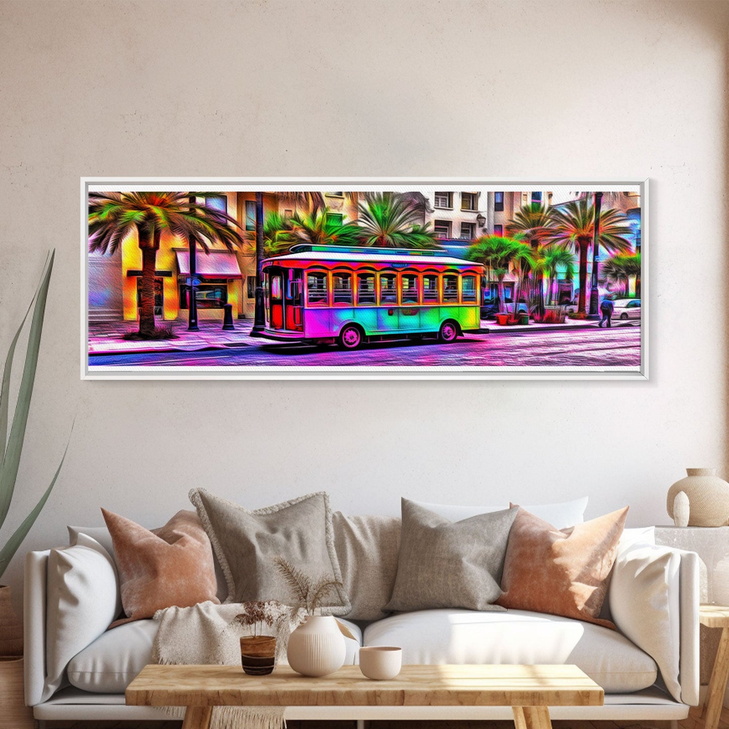 Colorful Vibrant Tram Wall Art, Palm Trees Art Print, Colored Pencil Sketch, Framed Canvas, Abstract Art, Panoramic, Wall Art, Canvas Print
