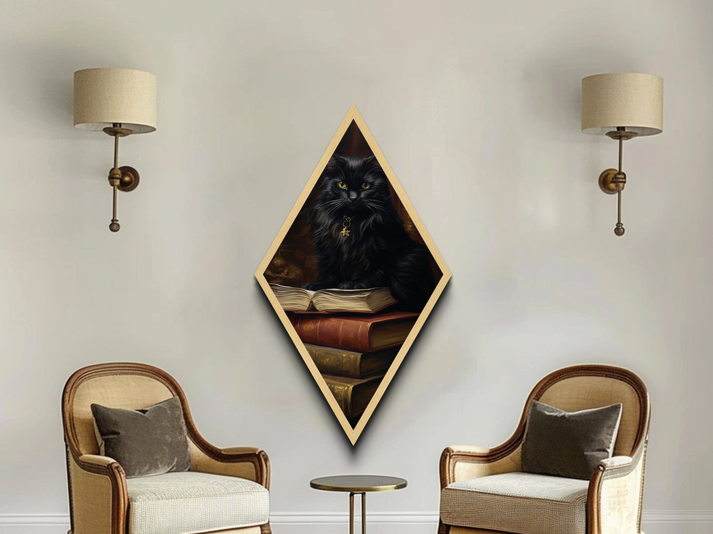 Black Cat with Spellbook and Antique Library Canvas Art Print, Dark Academia Diamond Shaped Art for Halloween Gothic Witch Decor