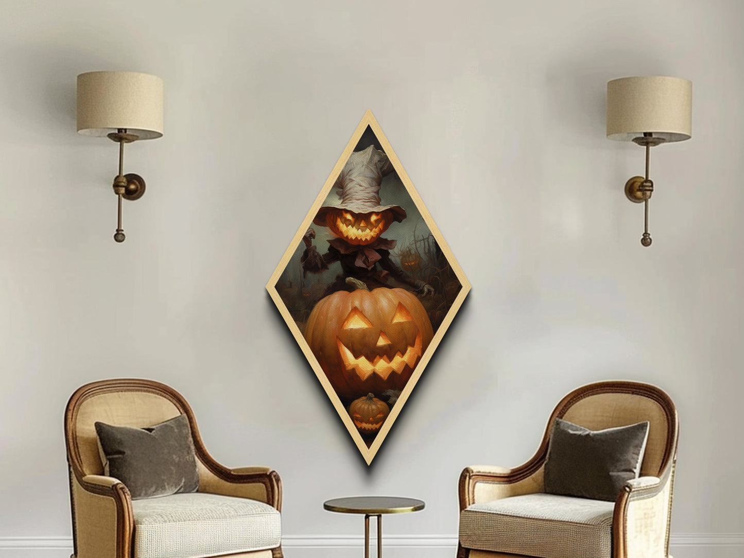 Pumpkin-headed scarecrow with eerie smile Canvas Art Print perfect for Halloween horror decor in Diamond Shaped Art style