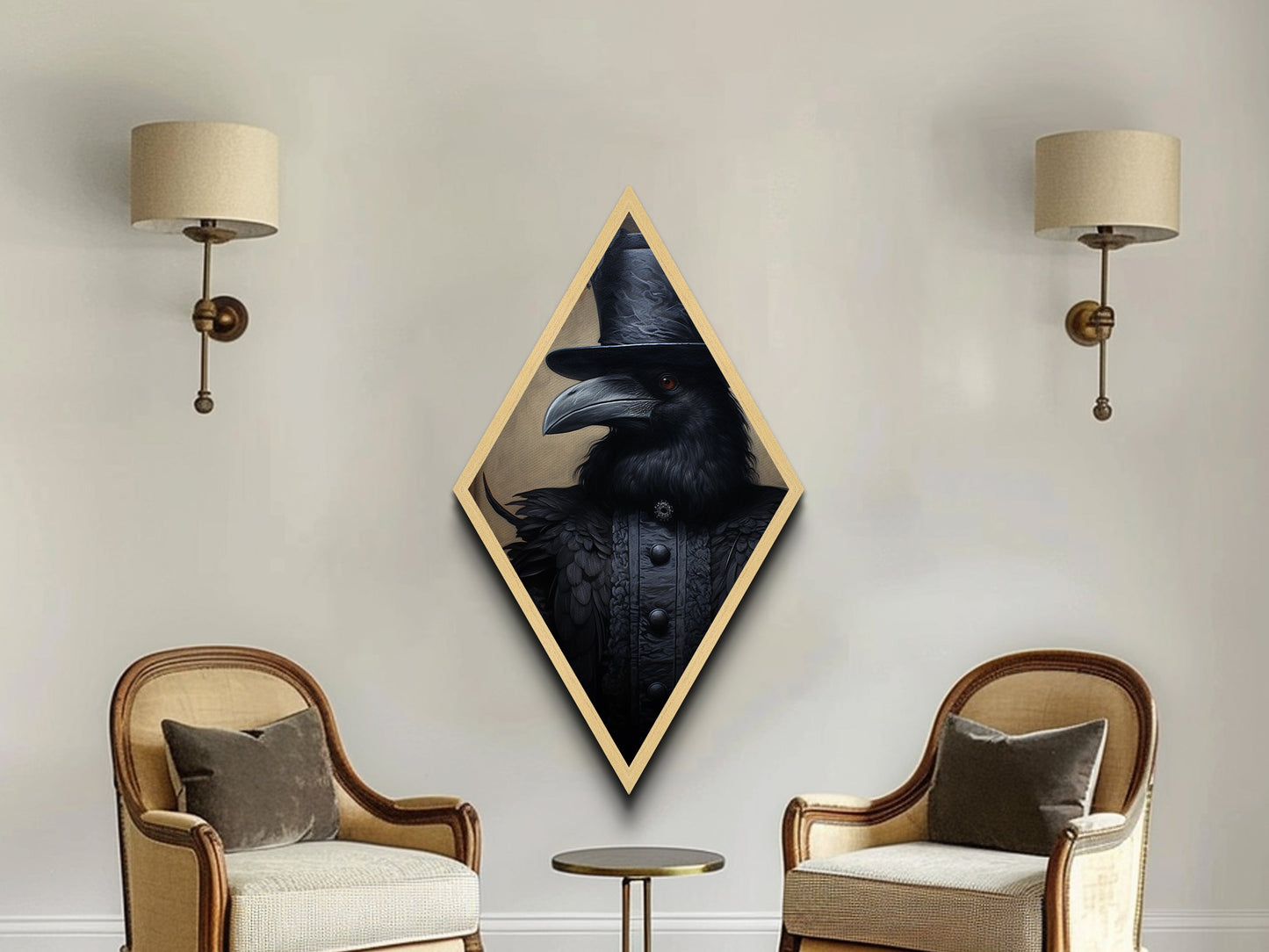 Baroque Raven in Charcoal Black Brocade Diamond Shaped Art Canvas Embossed Print Halloween Gothic Decor Dark Academia Style