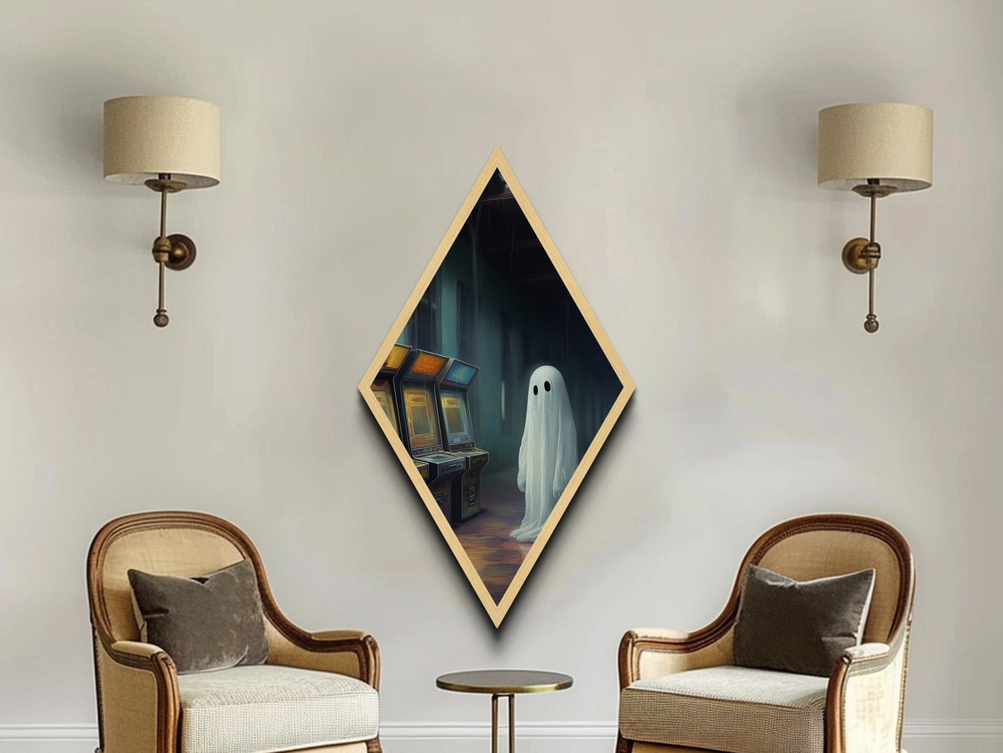 Einsamer Geist in regnerischer Spielhalle – Rautenförmiger Kunstdruck auf Leinwand – Geprägter Druck – Gruselige Vaporwave-Halloween-Wanddekoration im surrealen, nostalgischen Stil