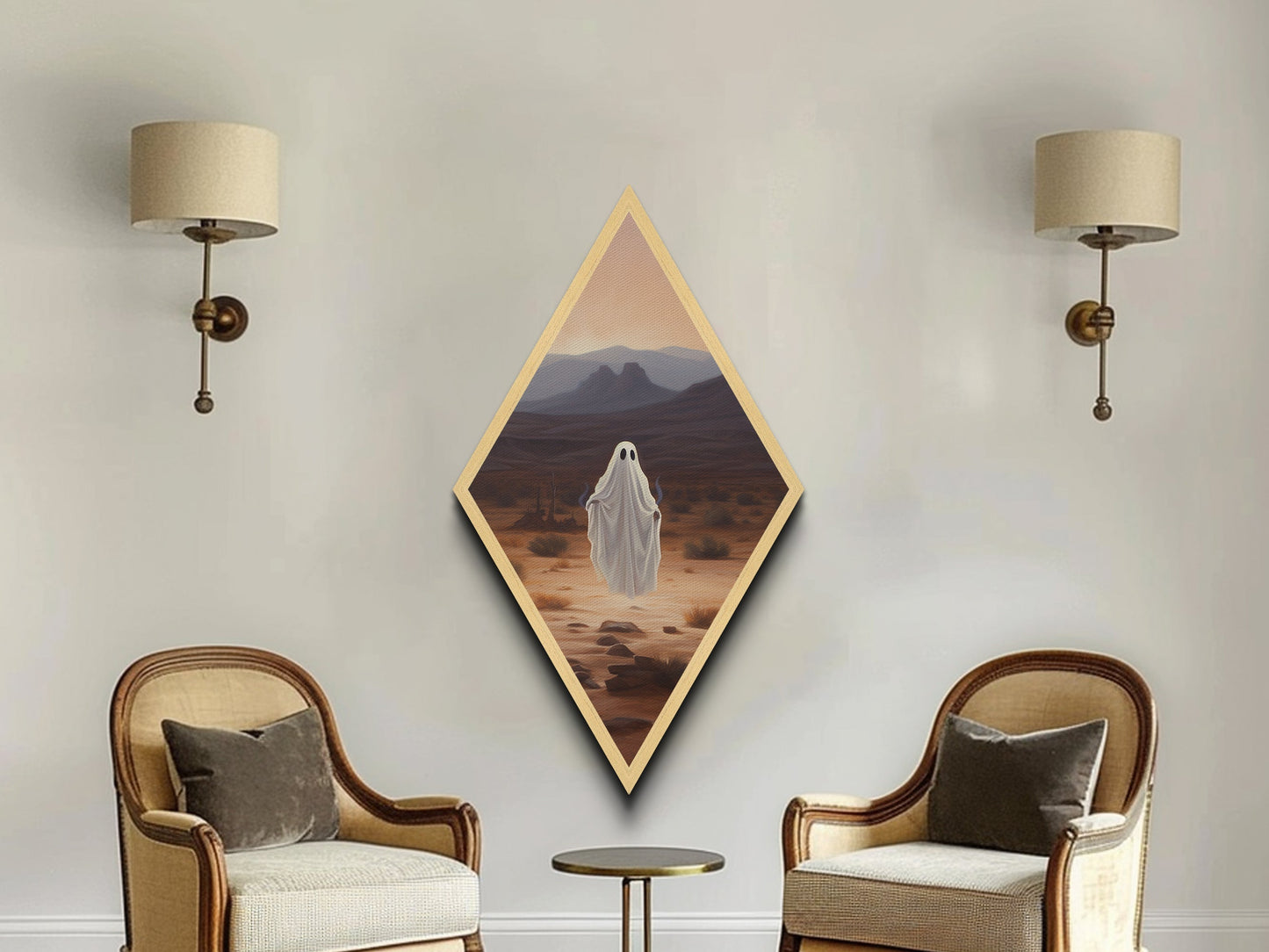 Lonely Ghost in Sunset Desert Diamond Shaped Art Canvas Art Print Halloween Spirit Gothic Surreal Dark Western Spooky Decor