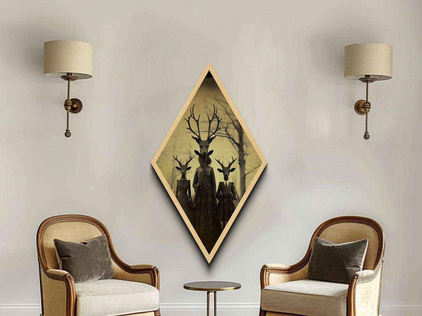 Haunting deer-headed family in eerie woods with Victorian dresses captured as Diamond Shaped Art on Canvas Embossed Print gothic Halloween
