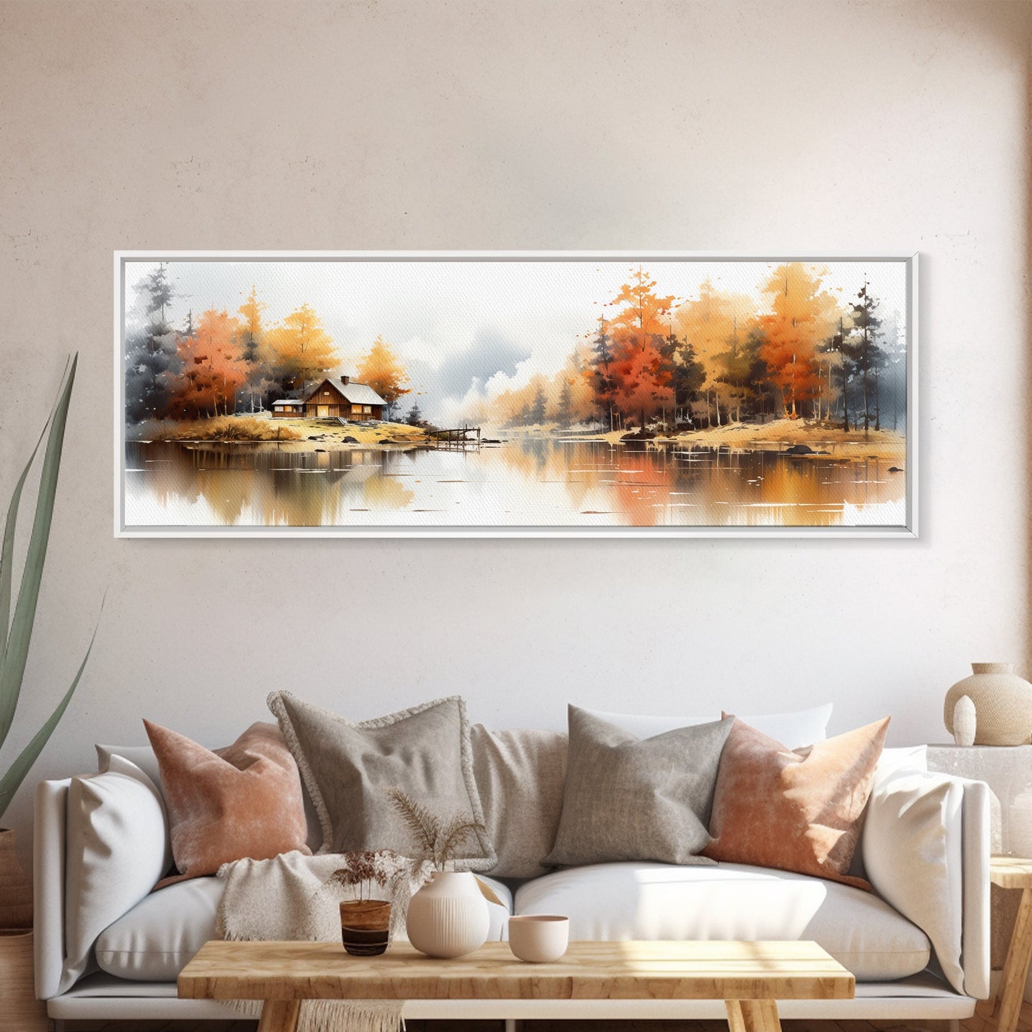 Autumn On The Lake - Watercolor Painting | Peaceful Wilderness Landscape Canvas Print | Modern Country Decor and Nature Lovers
