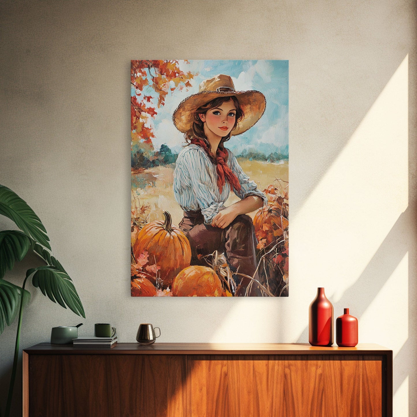Country fall harvest framed canvas print pumpkins and a serene autumn landscape perfect seasonal wall art for rustic farmhouse home decor