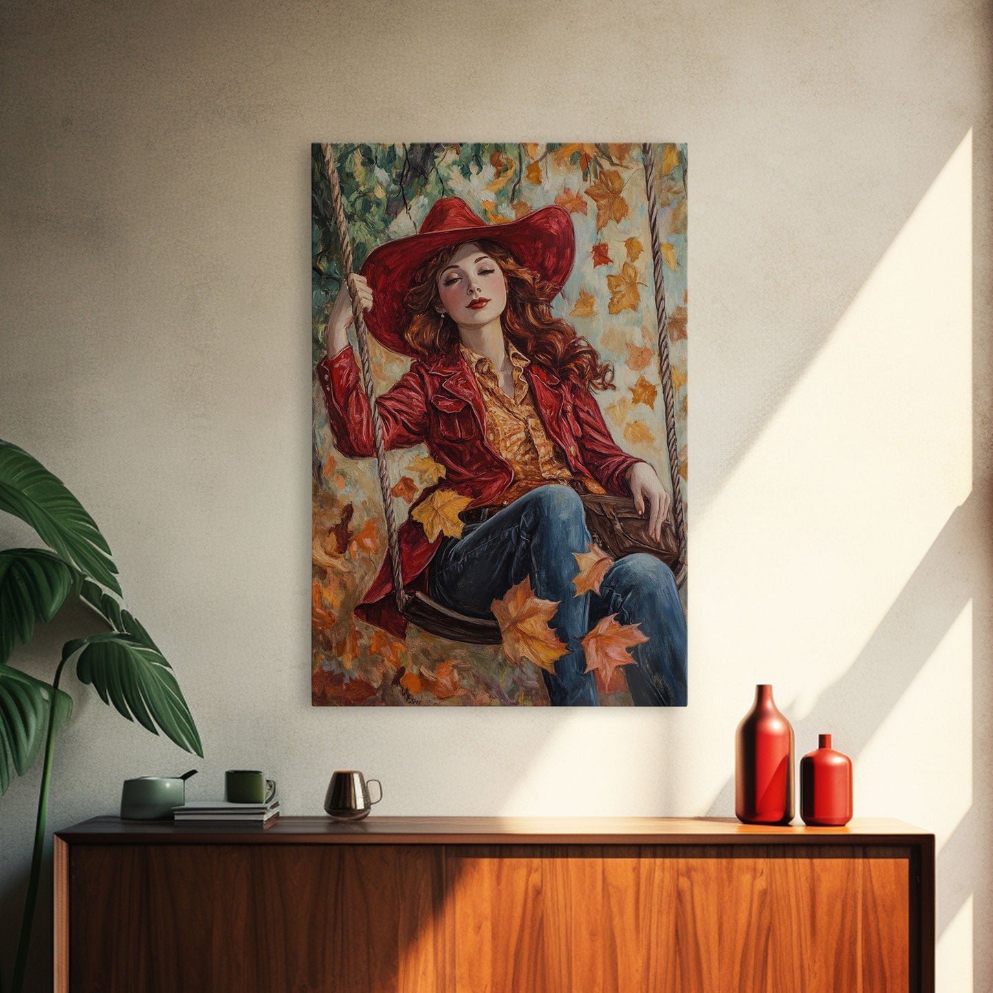Fall Cowgirl Enjoying Her Swing, Framed Canvas Print, Autumn Decor, Cute Wall Art Gift Idea