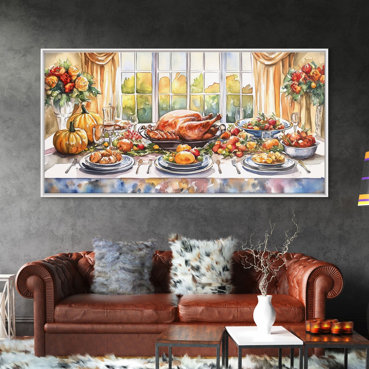 Framed Canvas Print Autumn Thanksgiving Dinner Table Art with Pumpkins, Perfect Fall Home Decor, Seasonal Wall Art, and Gallery Wall Piece